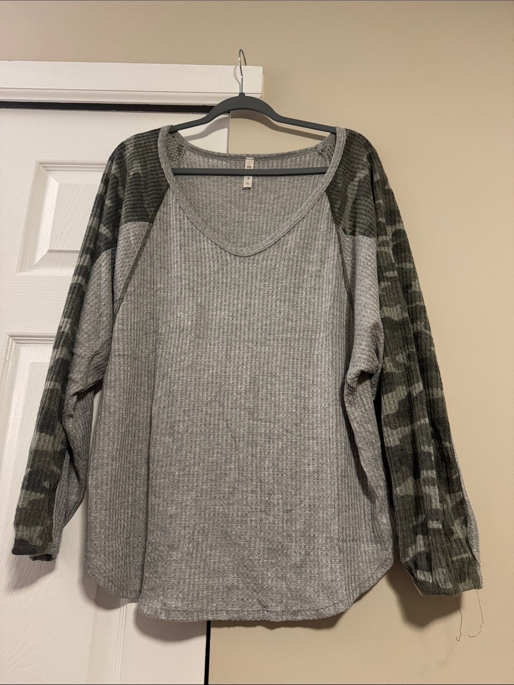 mts Gray Waffle Knit V-Neck Top with Olive Camo Sleeves